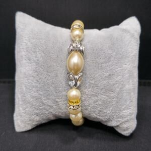 Vintage Faux Pearl Rhinestone Bracelet, Hand-knotted Glass Pearls